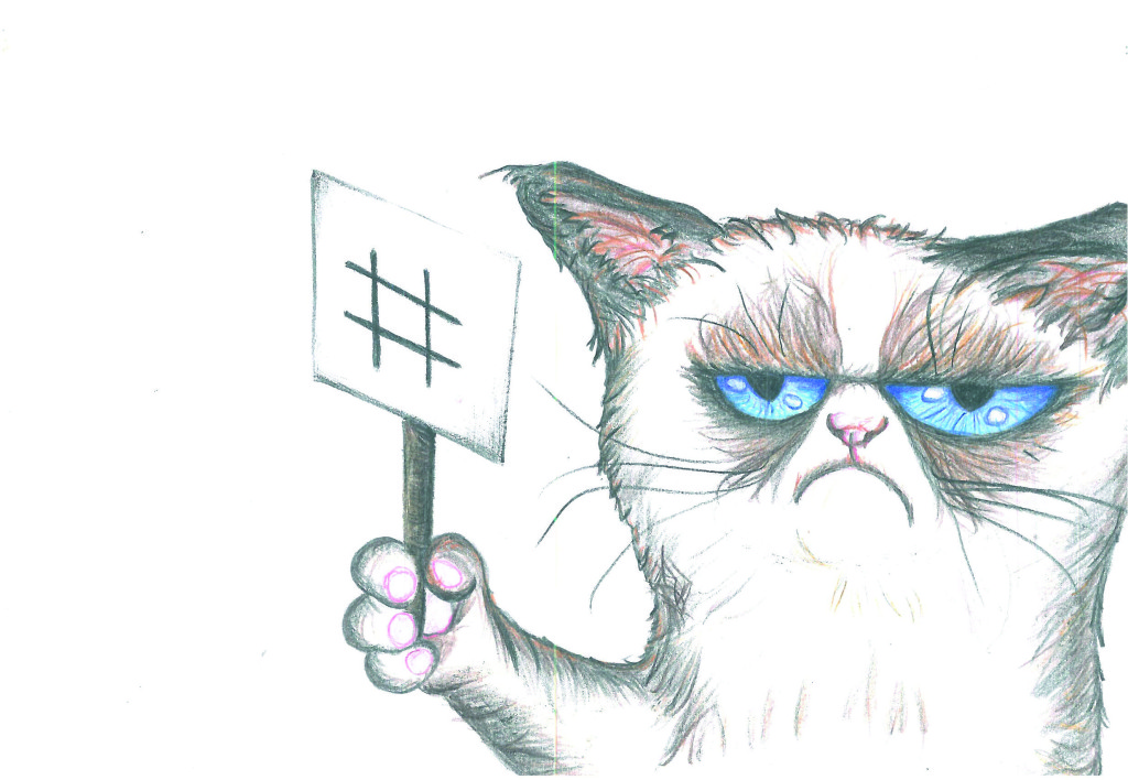 Zeichnung einer unzufriedenen Katze, die ein Schild hochhält