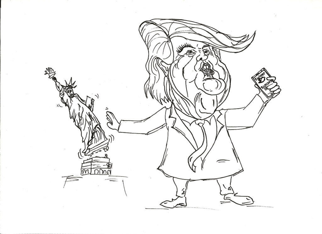 Zeichnung Donald Trum stößt Freiheitsstatue