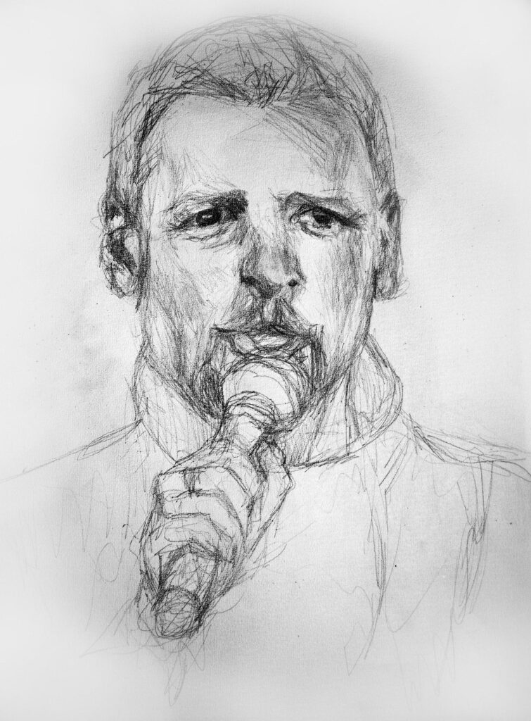 Zeichnung von Mann mit Mikrofon