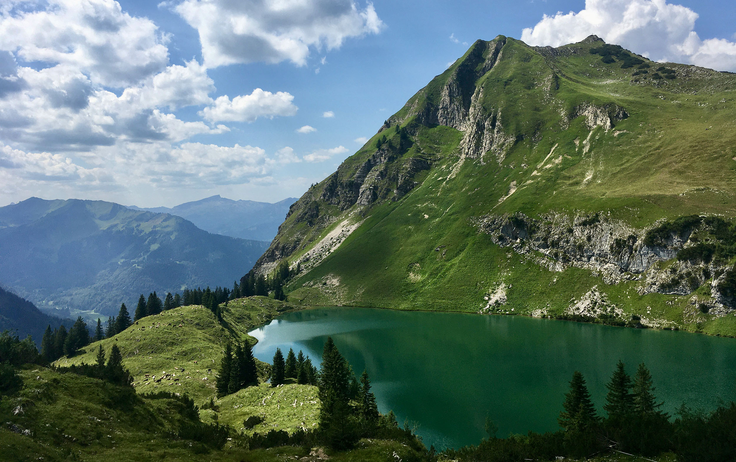 Foto mit blauem Himmel im Hintergrund und grünem Berg im Vordergrund