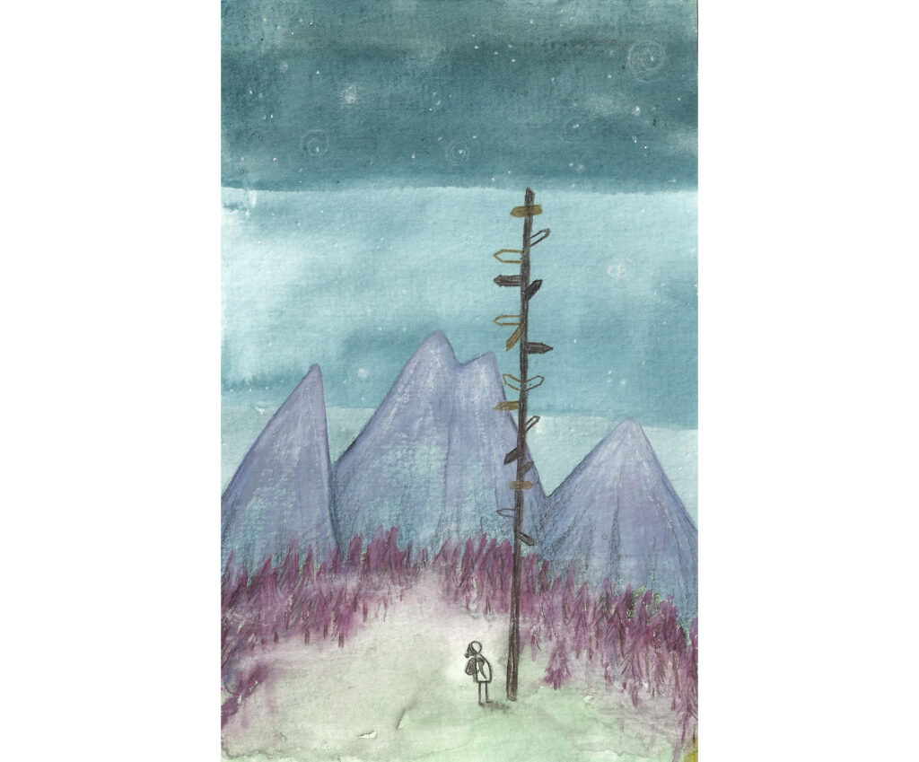 Zeichnung einer Strichfigur in den Bergen vor einem großen Pfahl mit vielen Wegweisern, die in unterschiedliche Richtungen zeigen